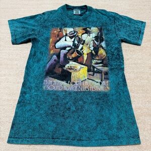 Vintage 1999 Blues Festival Art T-Shirt Acid Tie Dye Teal Double-Sided Abstract